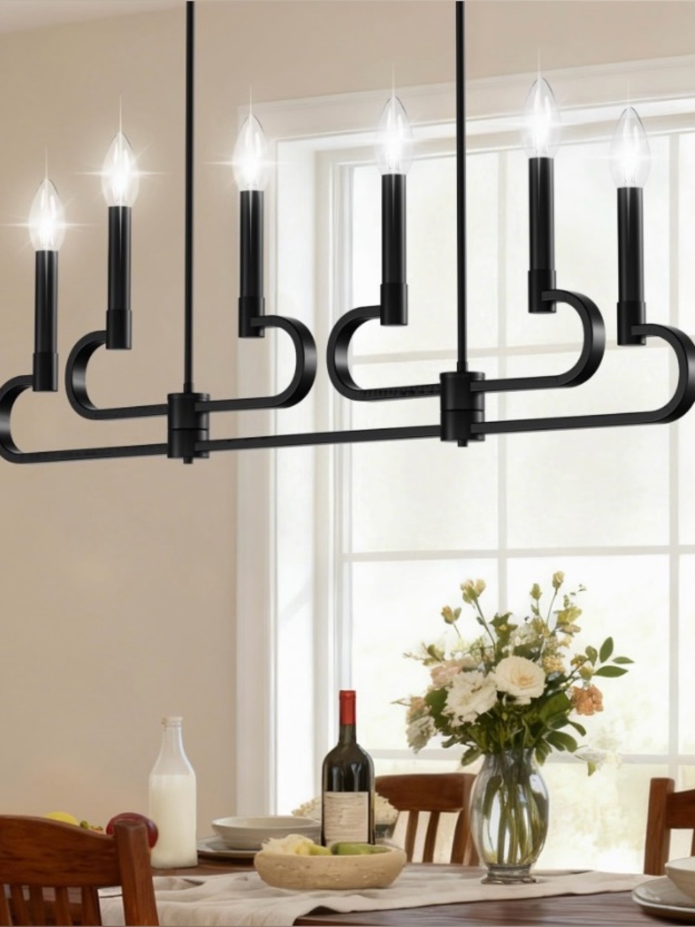 Farmhouse Dining Room Light Fixture, 6 Light Black Chandelier
